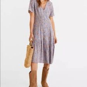 Mango Floral V-Neck Midi Dress Soft Blue Tiered Ruffle Hem Sz 10 Boho Fairycore